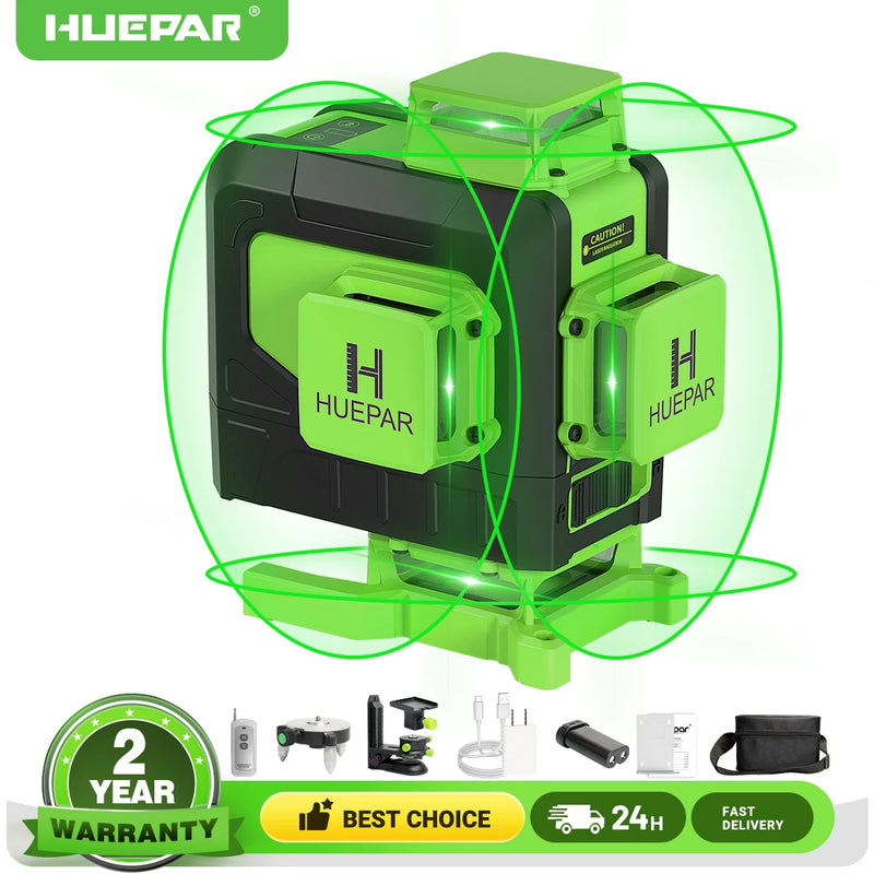 Nível a Laser Huepar 4D 16 Linhas Feixe Verde Linha Cruzada 4x 360 ° Linhas a Laser com Controle Remoto Bateria de Íon de Lítio para Pisos de Azulejos